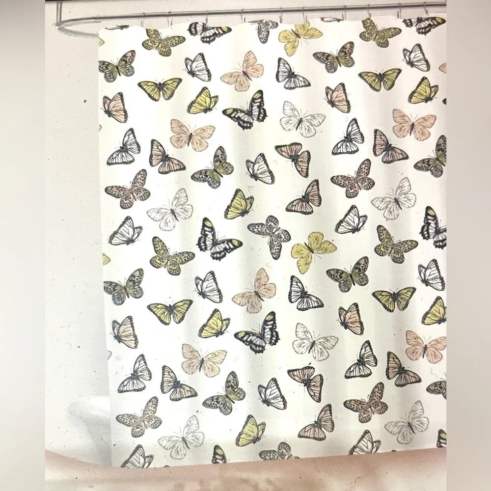 13-pc Butterfly PEVA Shower Curtain Semi-Clear Yellow Pink Butterflies Hooks NWT